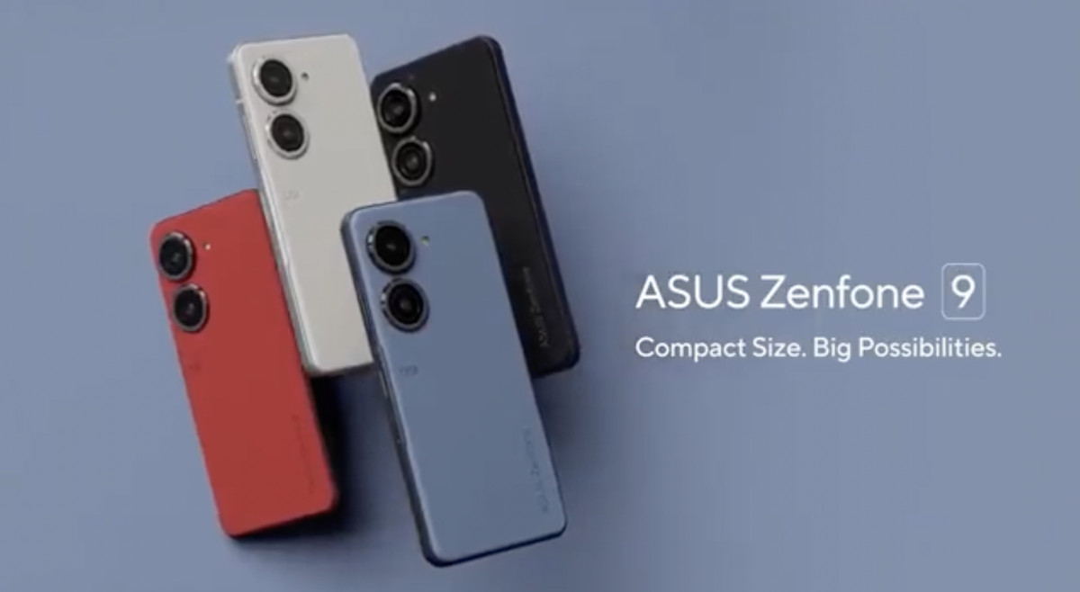 Image showing four phones, one red, one white, one blue, and one black. The tagline reads “Asus Zenfone 9. Compact size. Big possibilities.”